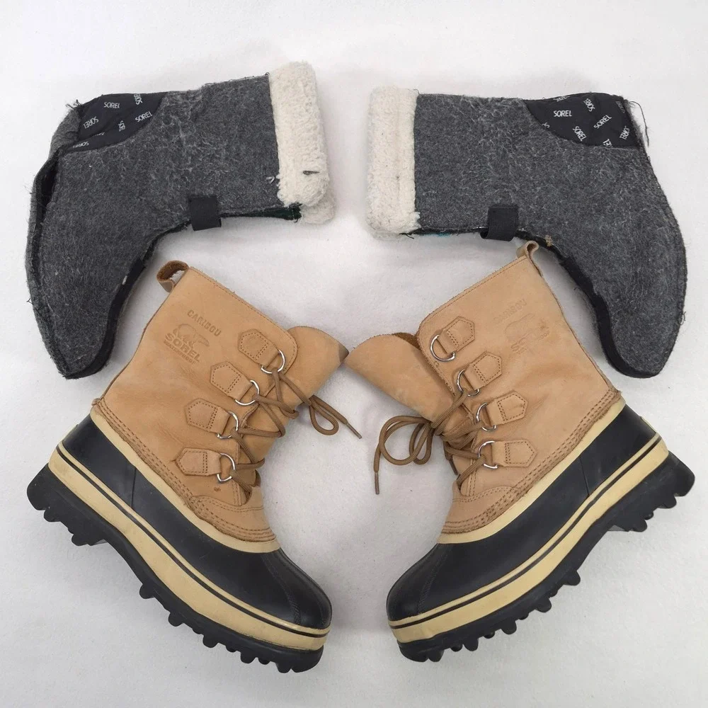 Sorel Caribou Tan Black Leather Waterproof Winter Snow Boots Lace Up Size 8